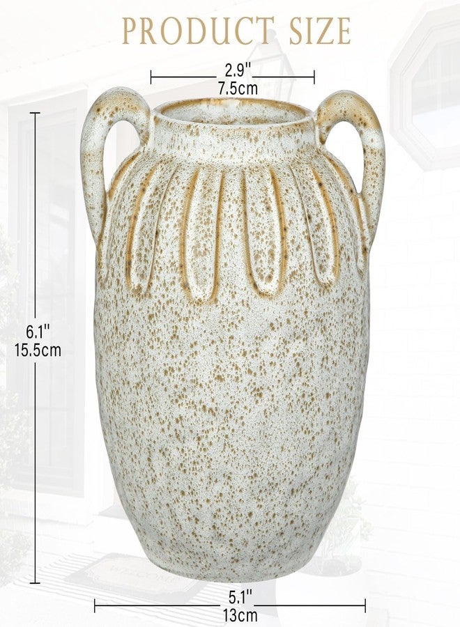GnFlus Vintage Ceramic Vase with 2 Handles,Farmhouse Boho Vase for Home Decor, Petal-Like Pluting Rustic Vase for Flower, Centerpiece Table Decoration 6.1 Inch - Image 3